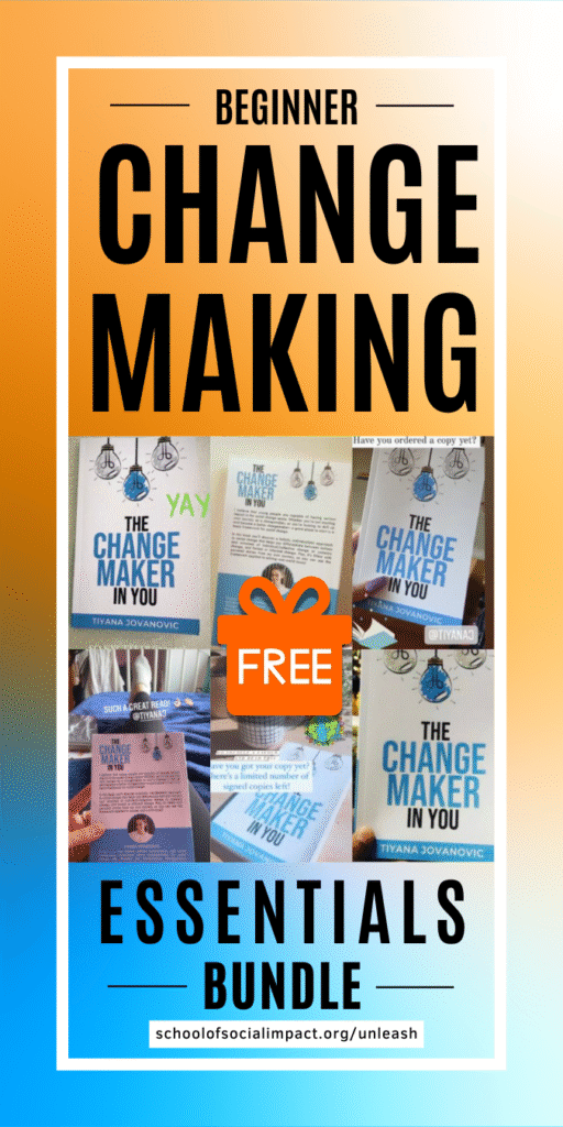 Rectangular ad that reads "Beginner Changemaking Essentials Bundle" and has images of students holding a copy of the social change handbook, The Cahngemaker In You, with the word 'free' across it.